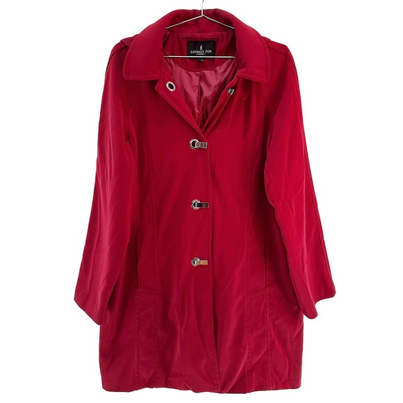 LONDON FOG Women's Hooded Water Resistant Trench Coat • XL • red, silver toggles - Picture 2 of 11